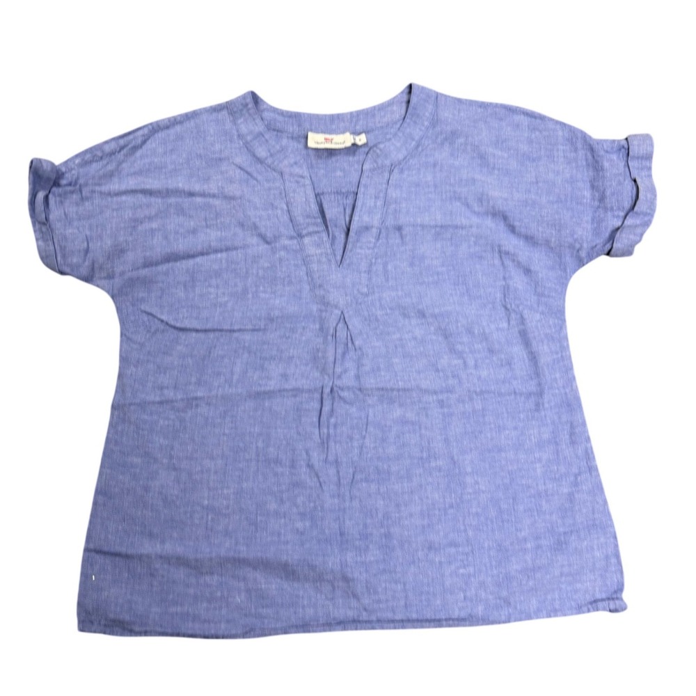 Vineyard Vines Womens Blue Linen Dolman Sleeve Split Neck Top 2W1047 Size 6